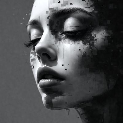 The primary subject of the image is a woman with a beautiful face. She is looking at the camera, and her eyes are open. The setting is a dark background, which adds to the mood of the image. The visual style is a combination of a photo and digital art, creating a unique and intriguing look. The colors in the image are predominantly black and white, giving it a dramatic and artistic feel.